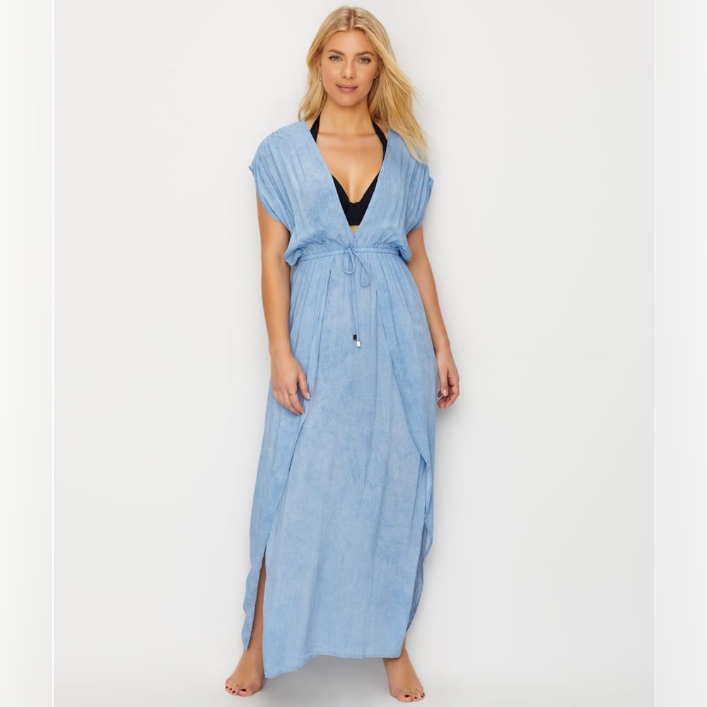 ELAN Light Blue Wrap & Slits Swim Cover-Up Maxi Dress - NEW